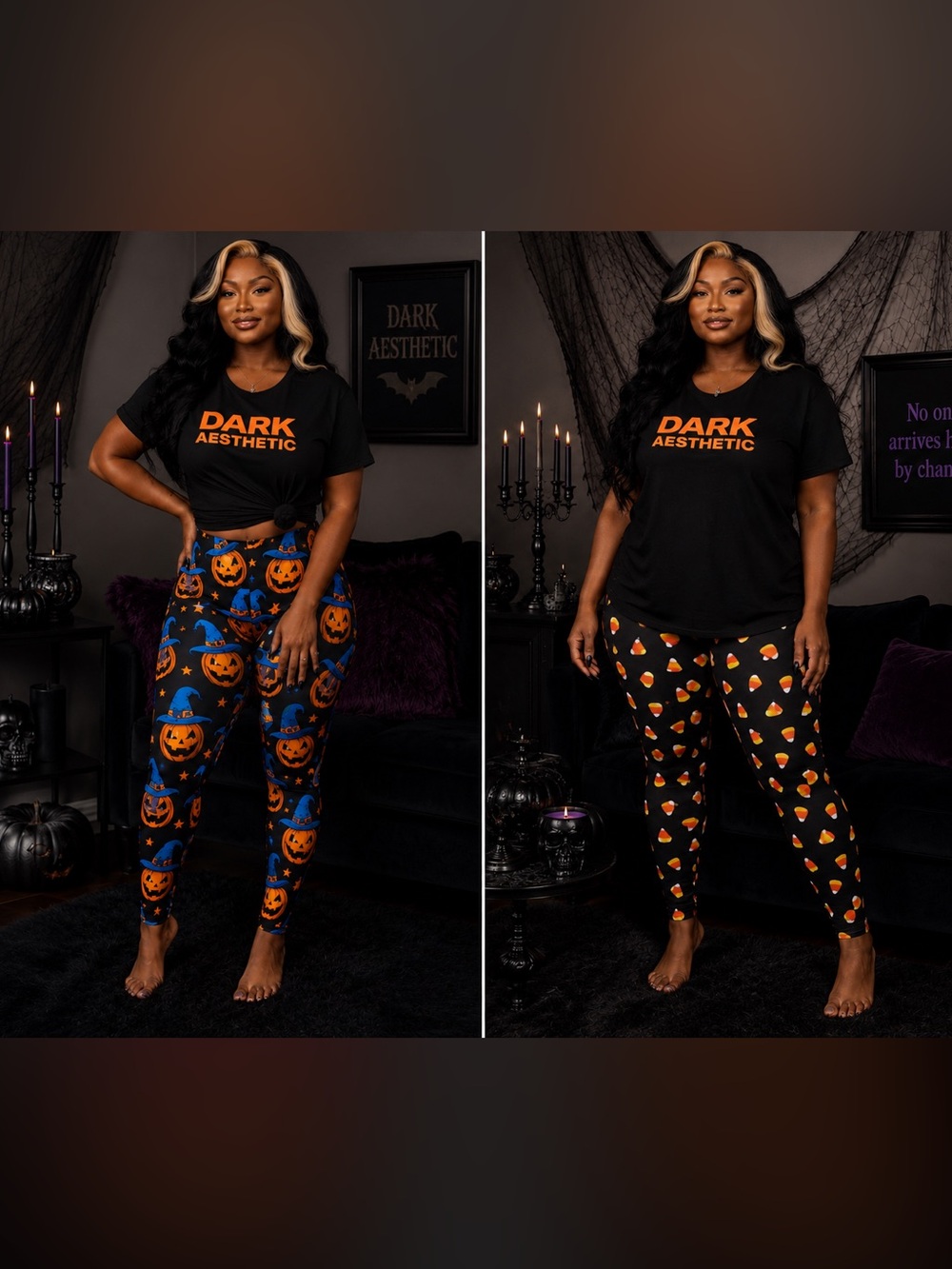 Halloween Pumpkin & Candy Corn Leggings - Black/Orange